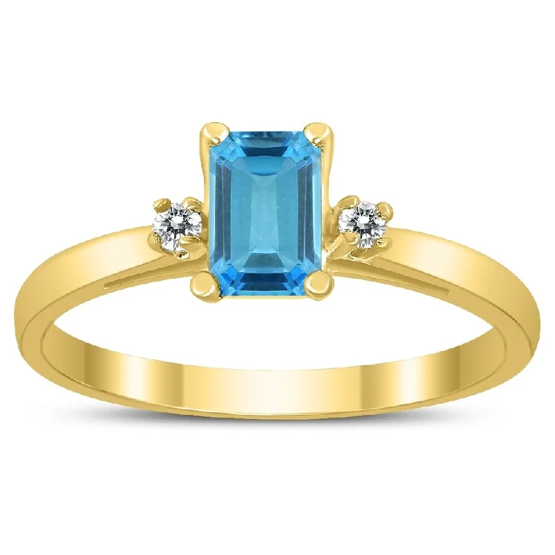 Women’s classic rings-Emerald Cut 6X4MM Blue Topaz and Diamond Three Stone Ring in 10K Yellow Gold