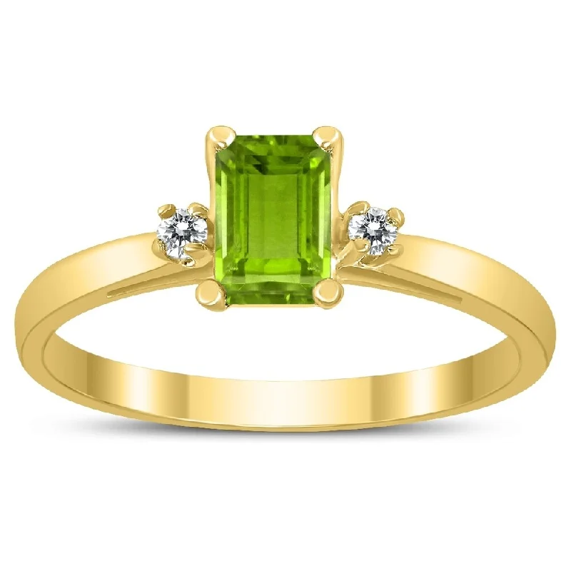 Women’s pearl rings-Emerald Cut 6X4MM Peridot and Diamond Three Stone Ring in 10K Yellow Gold