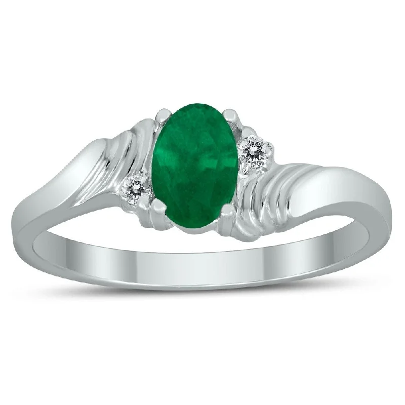 Women’s silver wedding rings-6X4MM Emerald and Diamond Wave Ring in 10K White Gold