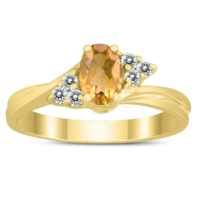 Women’s adjustable gemstone rings-6X4MM Citrine and Diamond Twist Ring in 10K Yellow Gold