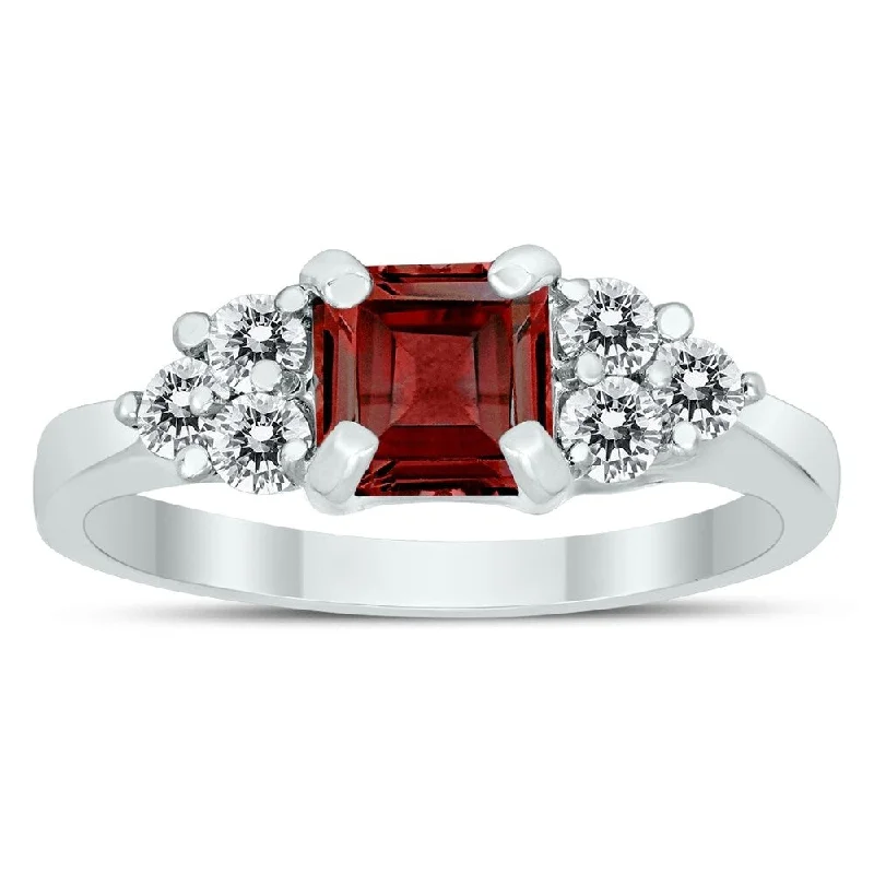 Women’s colorful rings-Princess Cut 6X6MM Garnet and Diamond Duchess Ring in 10K White Gold