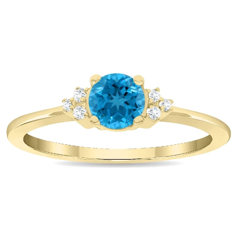 Women’s statement rings-Women's Round Shaped Blue Topaz and Diamond Half Moon Ring in 10K Yellow Gold