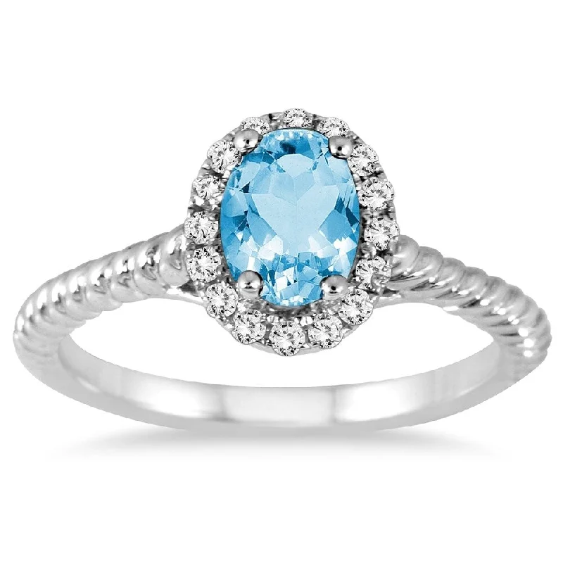 Women’s gold rings-1 Carat Blue Topaz and Diamond Halo Rope Ring in 10K White Gold