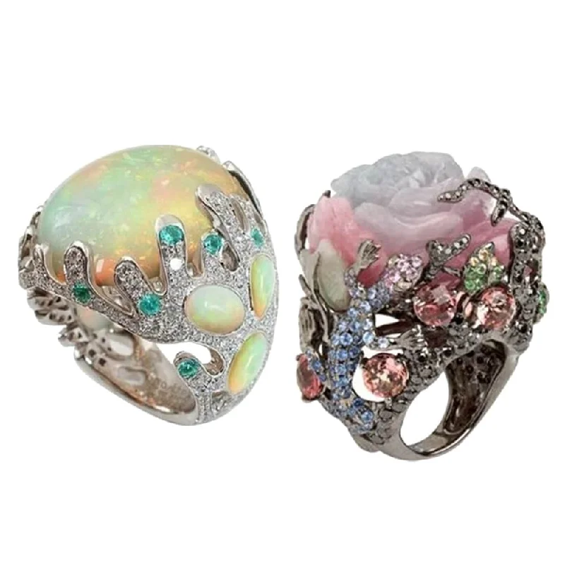 Women’s pear-shaped rings-Women Multicolor Big Oval Faux Moonstone Carved Flowers Finger Ring Jewelry