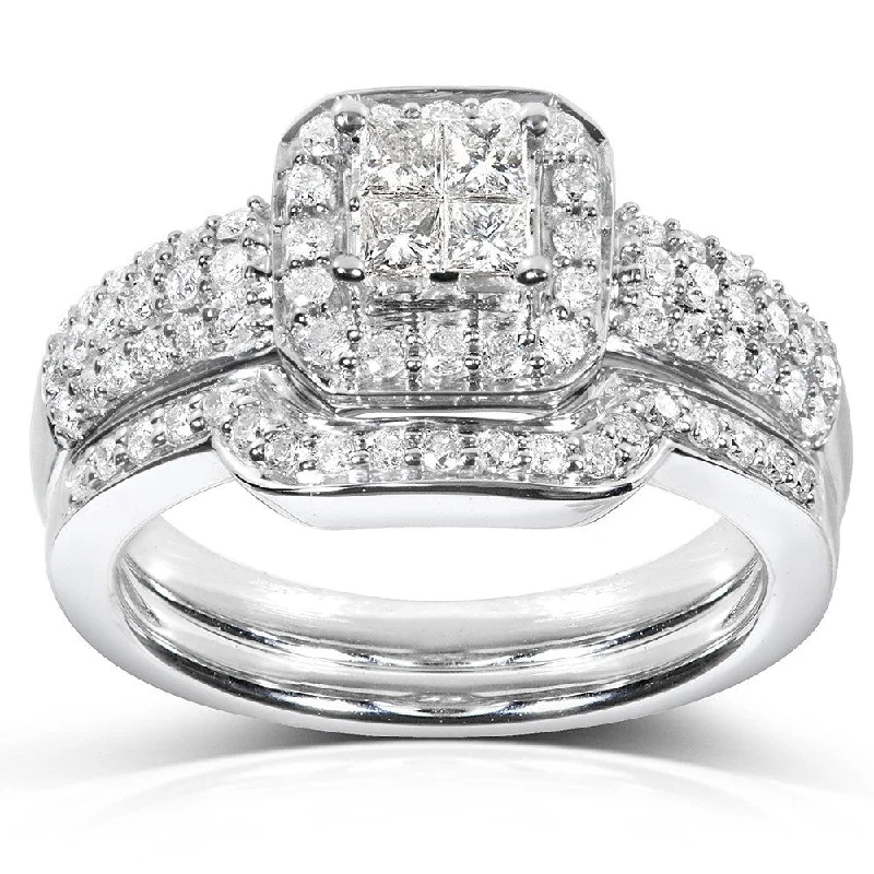 Women’s gold rings-Annello by Kobelli 14k White Gold 5/8ct TDW Diamond Bridal Halo Ring Set