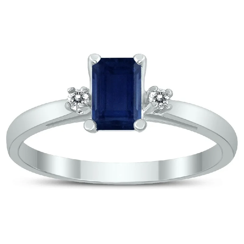 Women’s gold plated rings-Emerald Cut 6X4MM Sapphire and Diamond Three Stone Ring in 10K White Gold