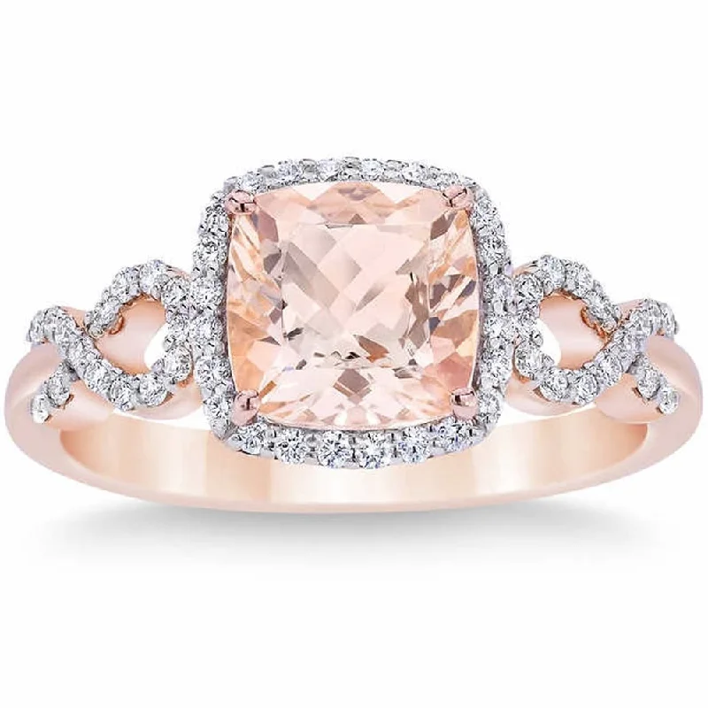 Women’s cocktail rings-Pompeii3 10k Rose Gold 2 1/2 Ct Morganite Cushion Halo Diamond Ring