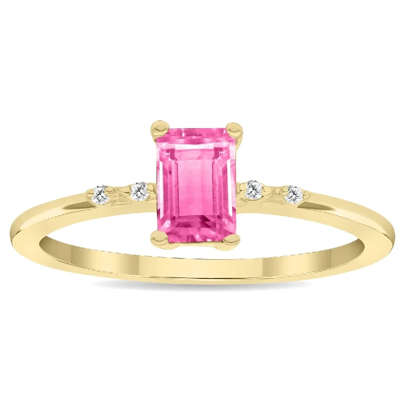 Women’s cocktail rings-Women's Emerald Cut Pink Topaz and Diamond Sparkle Ring in 10K Yellow Gold