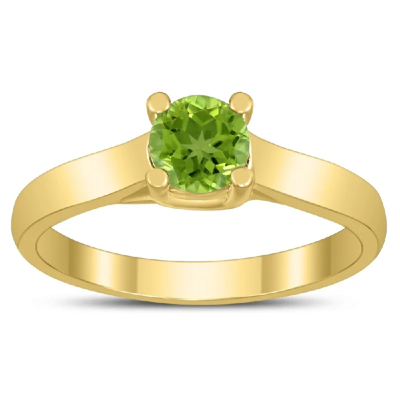 Women’s men’s style rings-Round 5MM Peridot Cathedral Solitaire Ring in 10K Yellow Gold