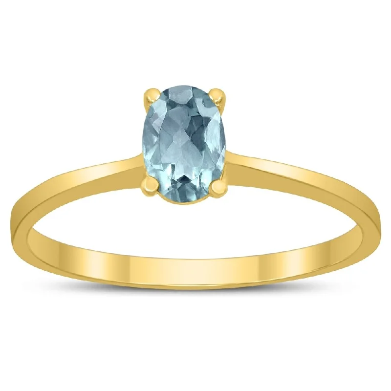 Women’s luxury rings-Oval Solitaire 6X4MM Aquamarine Ring in 10K Yellow Gold