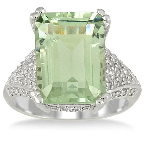 Women’s fine diamond rings-7.20 Carat Emerald Cut Green Amethyst and Diamond Ring in 10K White Gold