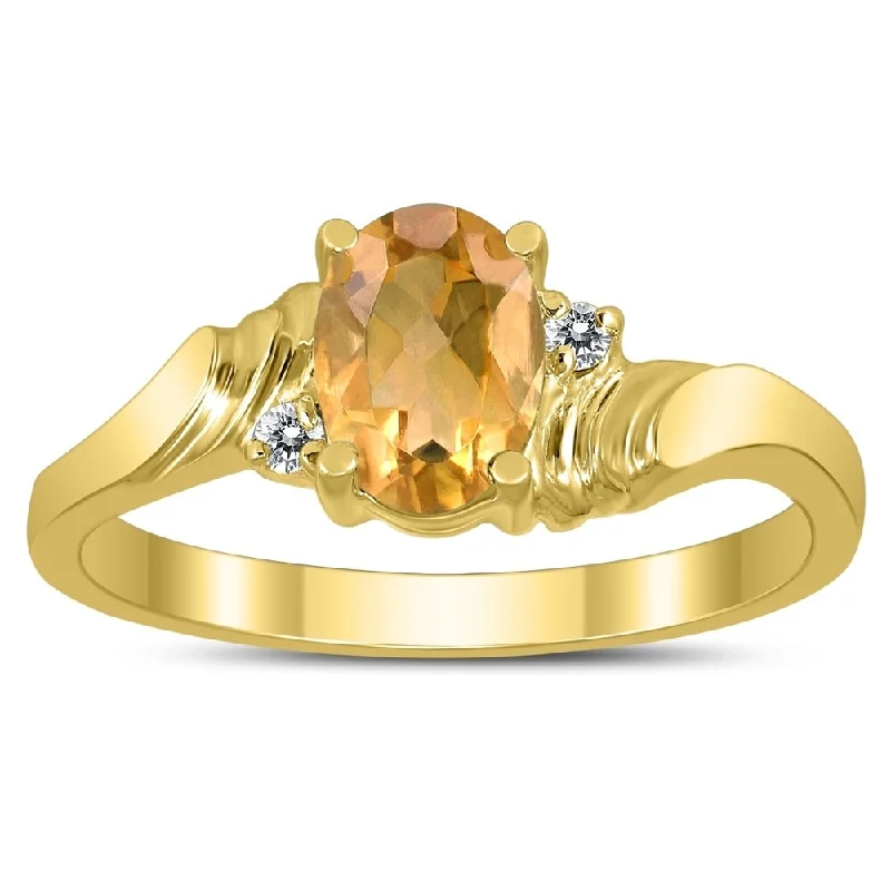 Women’s solitaire rings-7X5MM Citrine and Diamond Wave Ring in 10K Yellow Gold