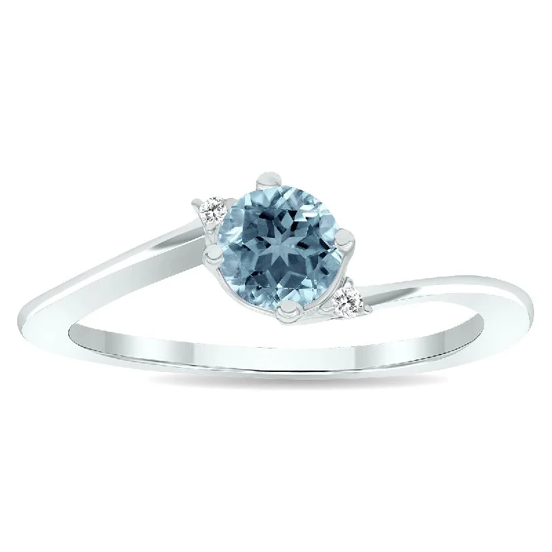 Women’s diamond rings-Women's Aquamarine and Diamond Wave Ring in 10K White Gold