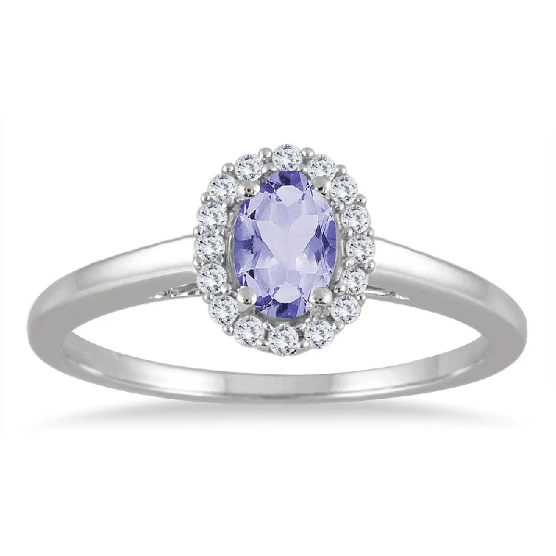 Women’s vintage style rings-6x4MM Oval Tanzanite and Diamond Halo Ring in 10K White Gold