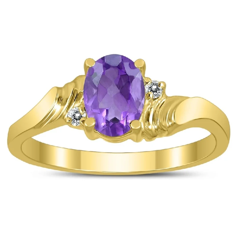 Women’s fine diamond rings-7X5MM Amethyst and Diamond Wave Ring in 10K Yellow Gold