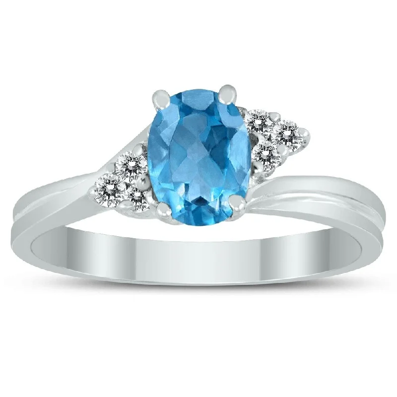 Women’s contemporary rings-7X5MM Blue Topaz and Diamond Twist Ring in 10K White Gold