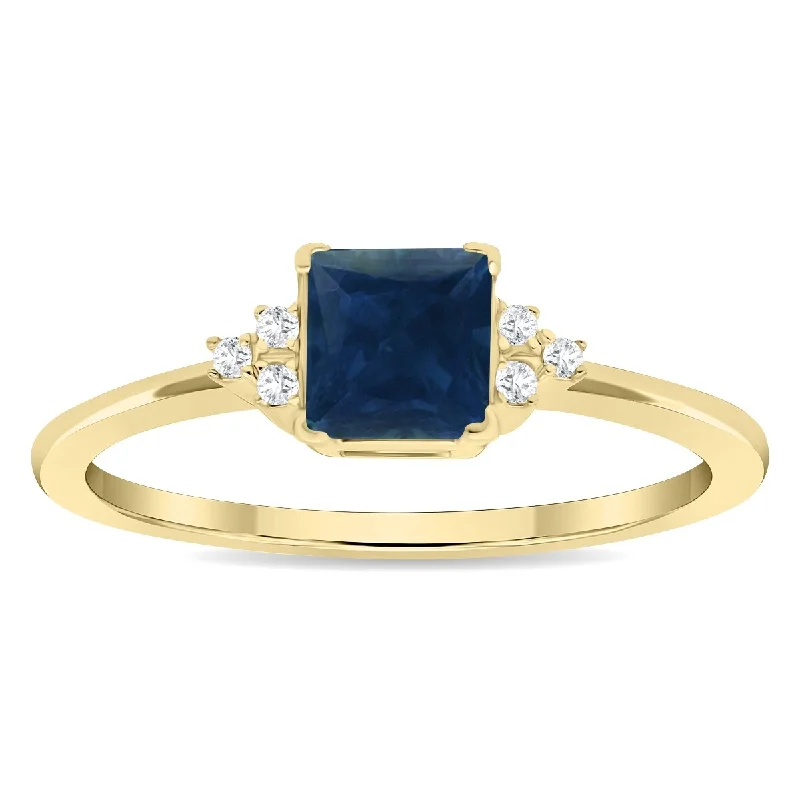 Women’s halo engagement rings-Women's Square Shaped Sapphire and Diamond Half Moon Ring in 10K Yellow Gold