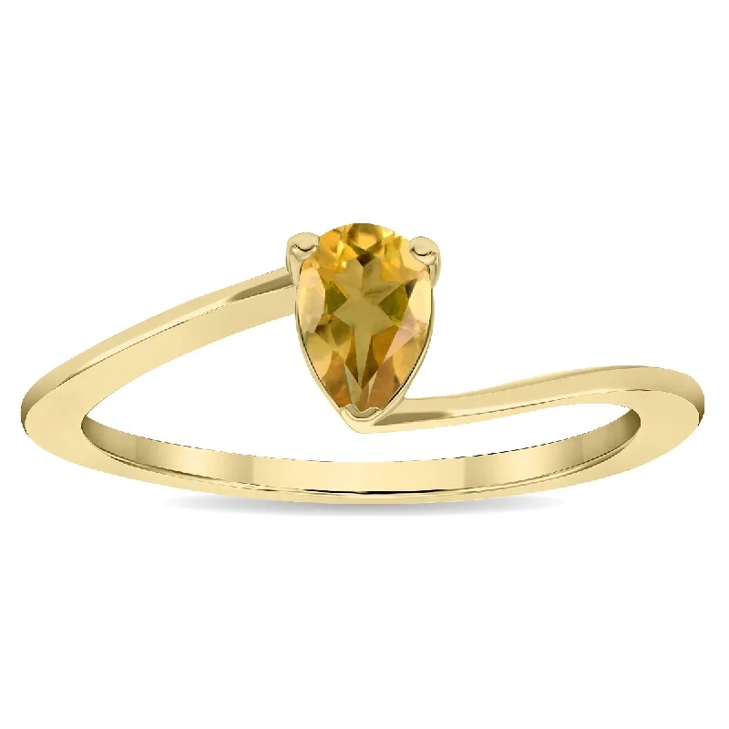 Women’s antique rings-Women's Solitaire Pear Shaped Citrine Wave Ring in 10K Yellow Gold