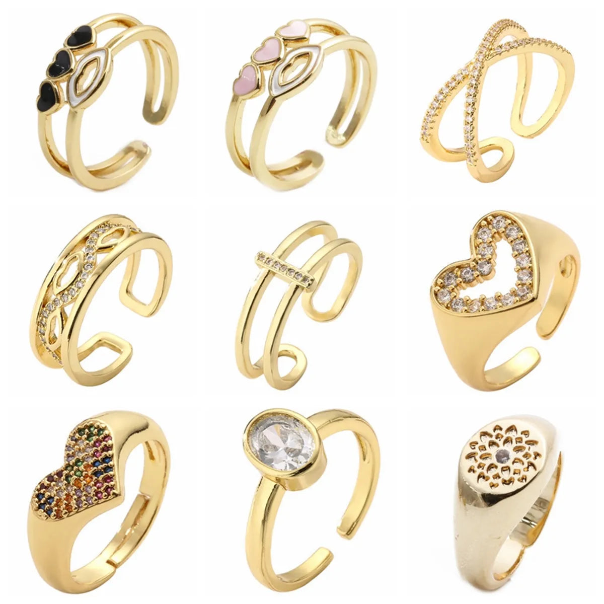 Women’s engraved rings-Luxurious Heart Shape Copper Plating Inlay Zircon Gold Plated Open Rings