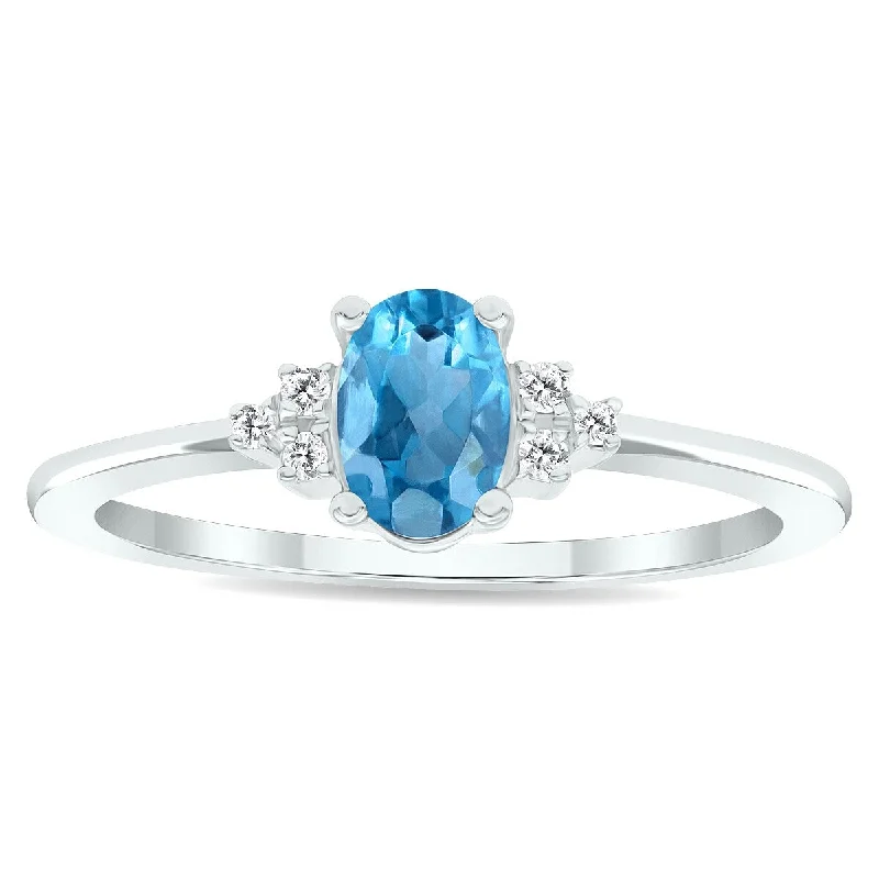 Women’s men’s style rings-Women's Blue Topaz and Diamond Half Moon Ring in 10K White Gold