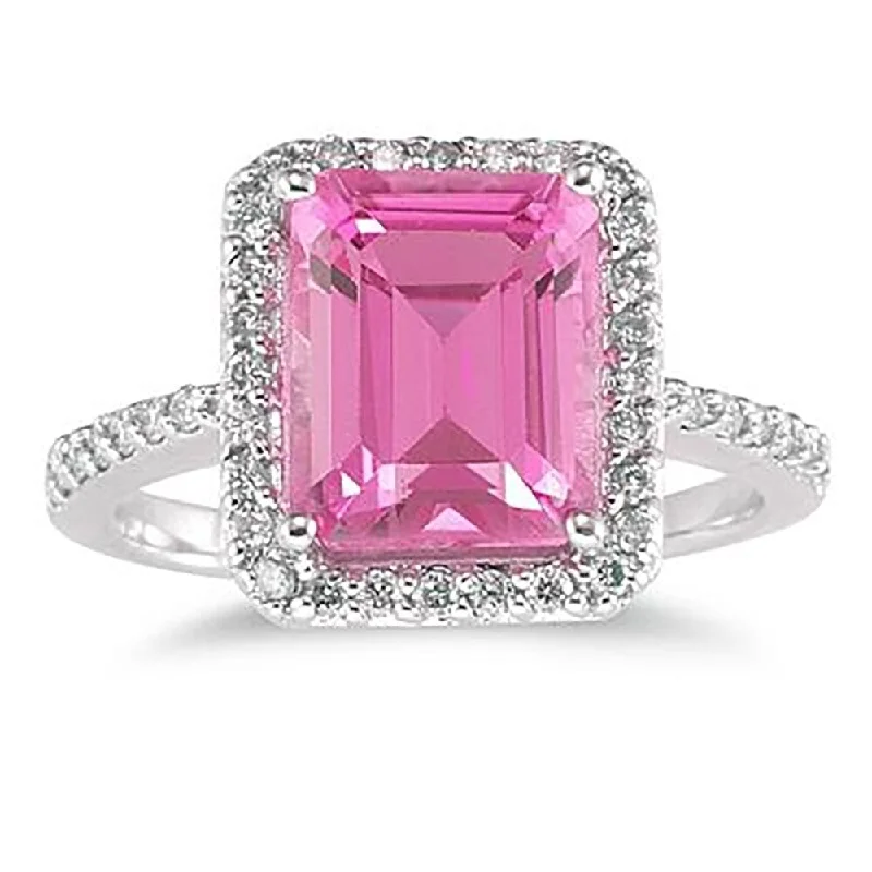 Women’s pearl rings-4 1/2 Carat Emerald Cut Pink Topaz and Diamond Ring 14K White Gold