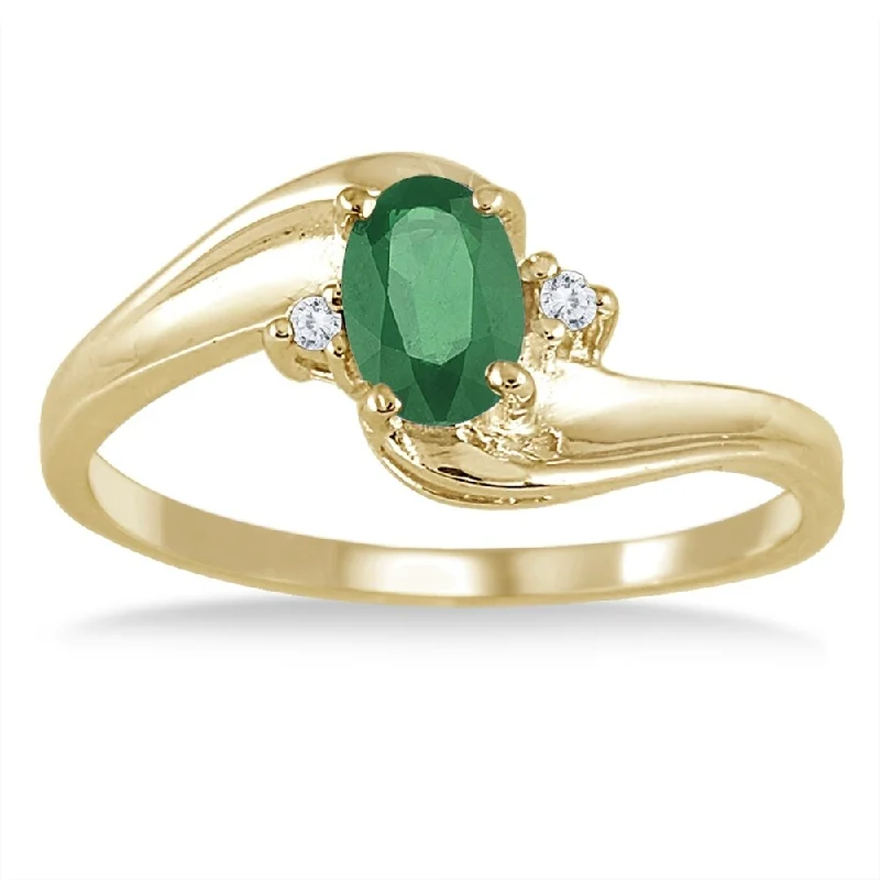 Women’s solid gold rings-Emerald Gemstone and Diamond Wave Ring 14k Yellow Gold