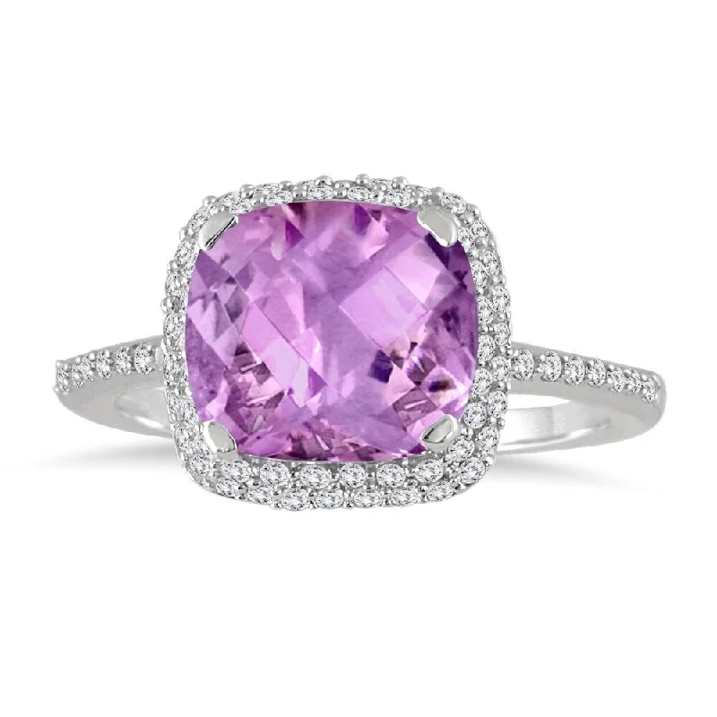 Women’s unique gold rings-3 1/2 Carat Cushion Cut Amethyst and Diamond Halo Ring in 10K White Gold