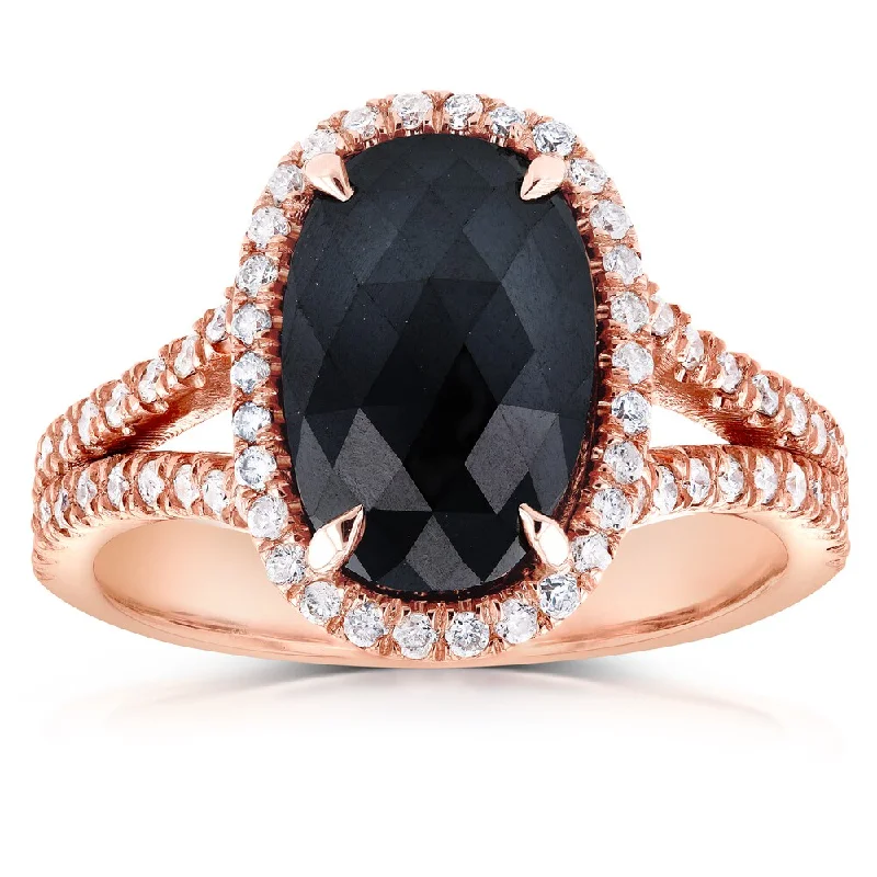 Women’s gemstone rings-Annello by Kobelli 14k Rose Gold 3 3/5ct TDW Black and White Diamond Split Shank Oval Halo Ring