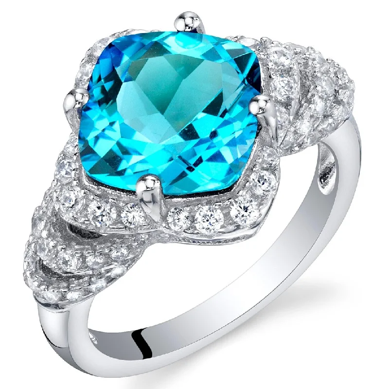 Women’s emerald cut rings-Sterling Silver 3.5 ct Swiss Blue Topaz Halo Ring