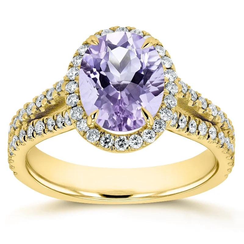 Women’s ruby rings-Annello by Kobelli 14k Gold 2ct TGW Oval Cut Lavender Amethyst and Diamond Halo Split Shank Gemstone Ring