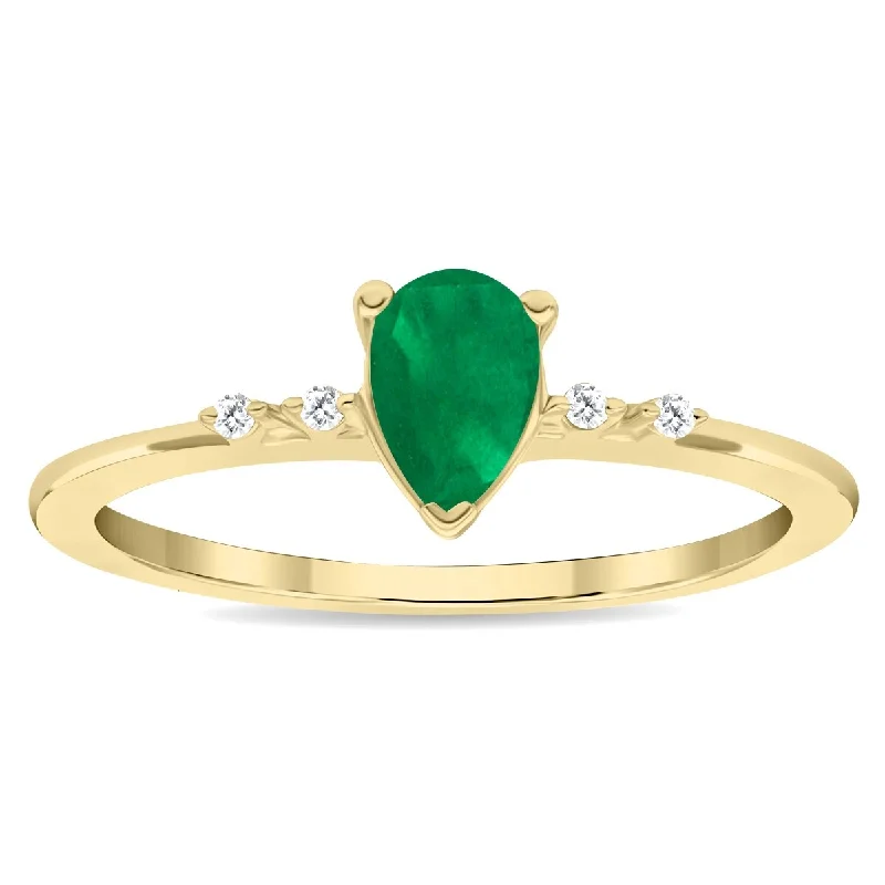 Women’s gemstone engagement rings-Women's Pear Shaped Emerald and Diamond Sparkle Ring in 10K Yellow Gold