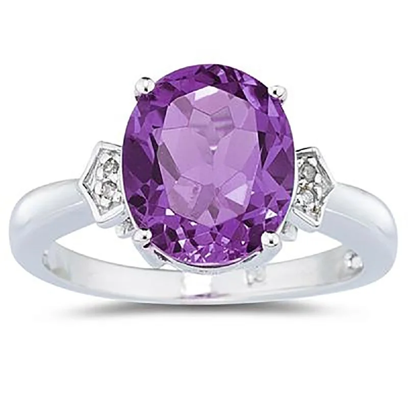 Women’s rose gold wedding rings-Amethyst & Diamond Ring in 10k White Gold