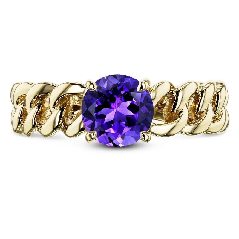 Women’s adjustable gemstone rings-Annello by Kobelli 14k Yellow Gold Round Amethyst Solitaire Chain Link Ring