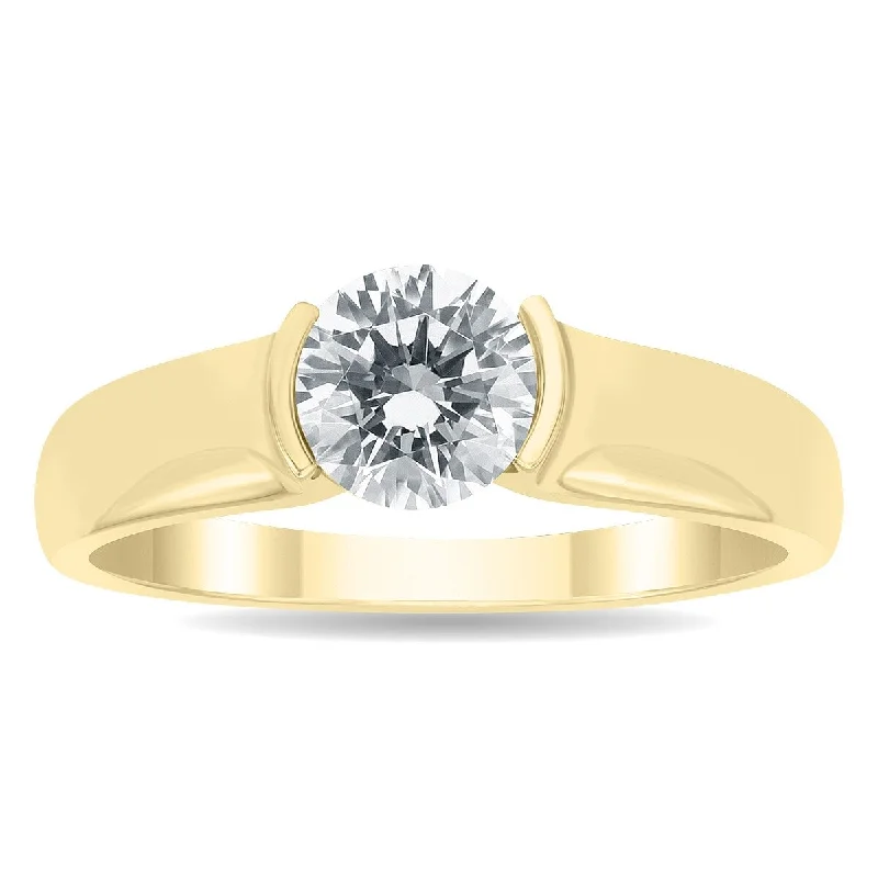 Women’s chunky rings-Marquee Certified 1 Carat Half Bezel Diamond Solitaire Ring in 10K Yellow Gold